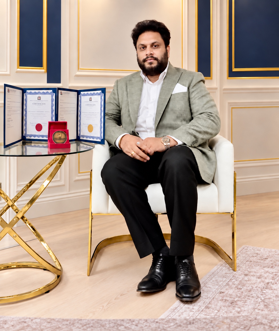 Varinder Singh seated beside AURA certificates and a recognition medal