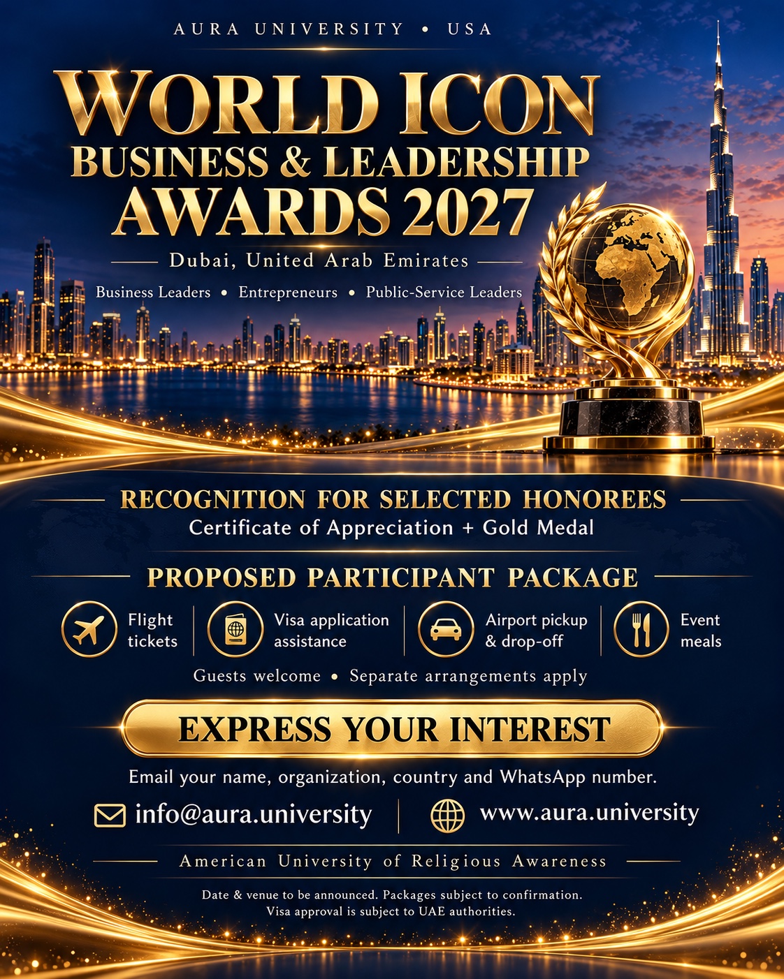 Official World Icon Business and Leadership Awards 2027 event poster