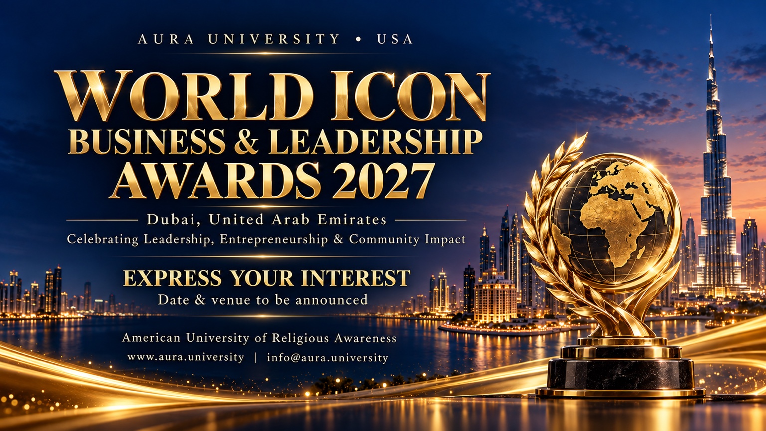 World Icon Business and Leadership Awards 2027 event artwork featuring Dubai and a gold world trophy